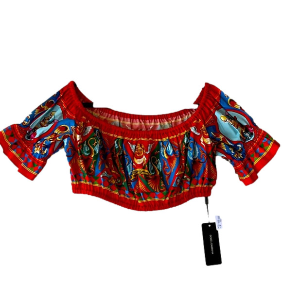 Dolce & Gabbana Tops - DOLCE &Gabbana 50 US14 Red Italian print off shoulder crop top NWT see matching…